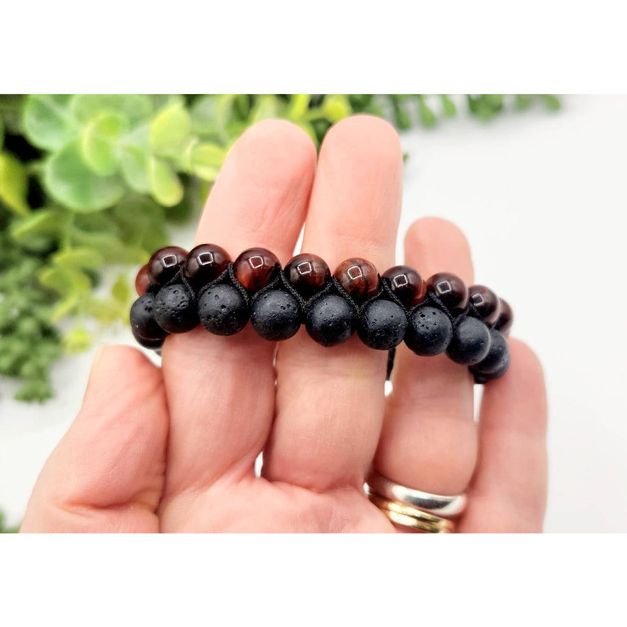 Two-strand woven adjustable bracelet with Red Tiger Eye and Black Lava beads