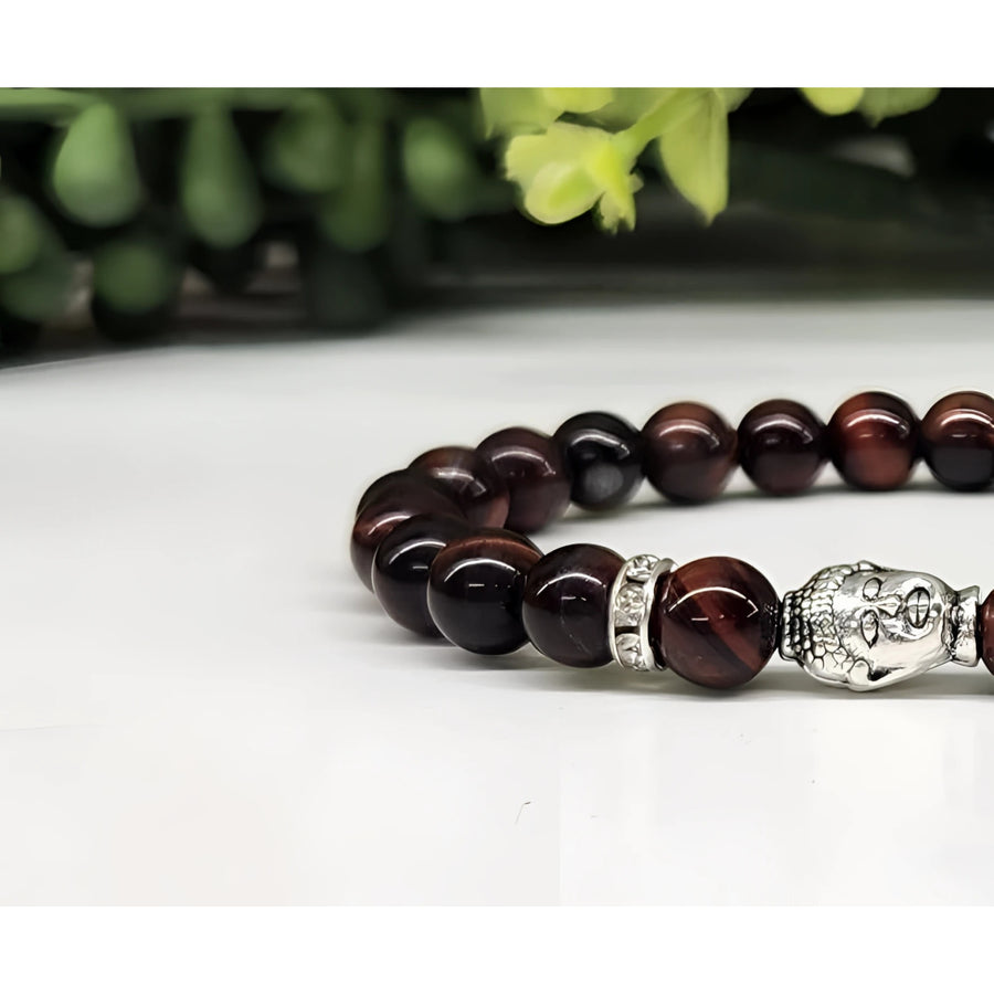 Red Tiger Eye Garnet Beaded Bracelet with Silver Buddha Charm