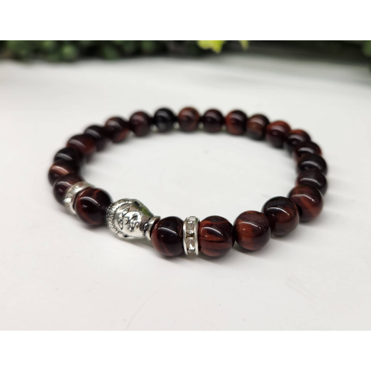Red Tiger Eye Buddha Head Bead Stretchable Bracelet with Silver Skull Charm