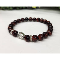 Red Tiger Eye Buddha Head Bead Stretchable Bracelet with Silver Skull Charm