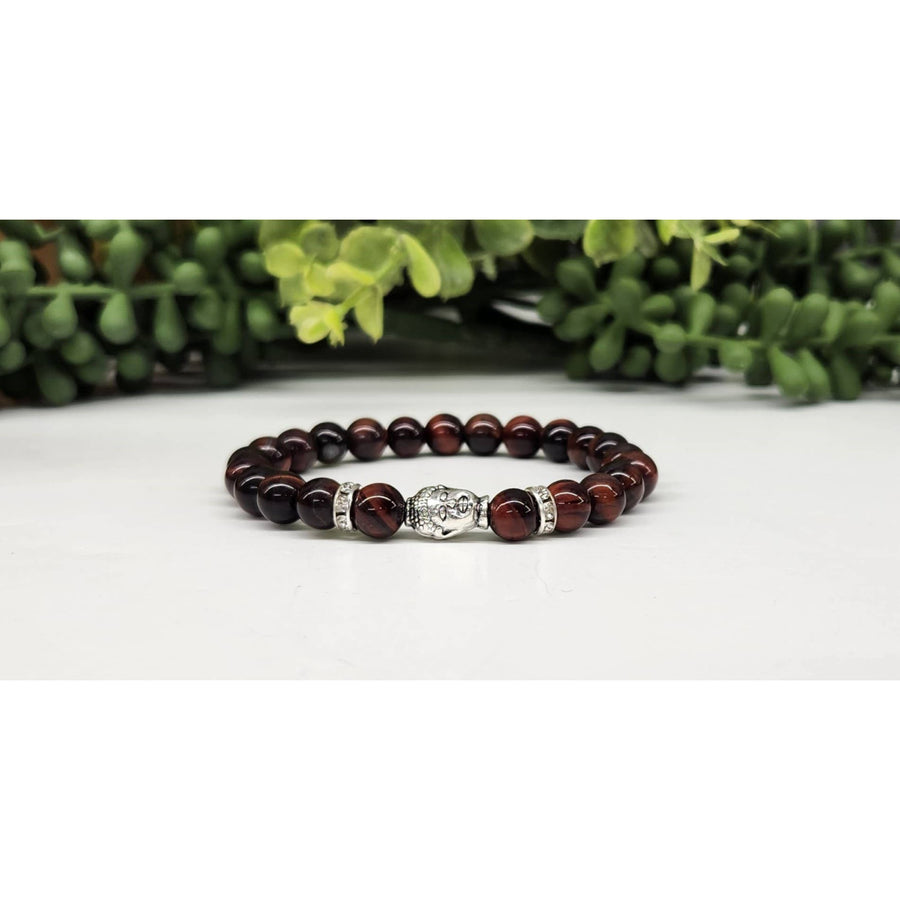 Dark red beaded Red Tiger Eye stretchable bracelet with Buddha head and silver skull accents, 8mm #LV9532