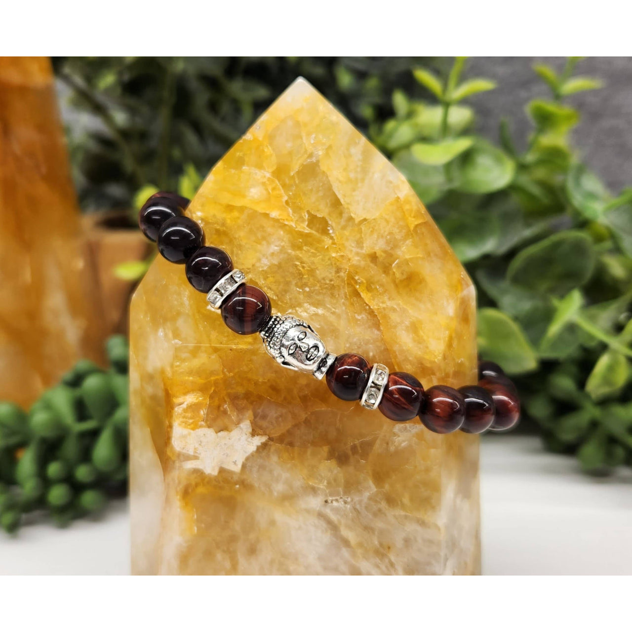 Brown beaded Red Tiger Eye stretchable bracelet with Buddha head, silver accents, skull charm, 8mm #LV9532