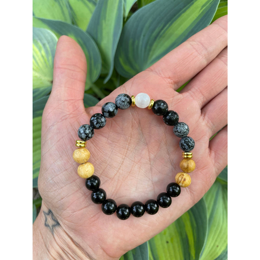 Black and gold Release Beaded Bracelet with snowflake obsidian, selenite, obsidian, and Palo Santo #LV9556