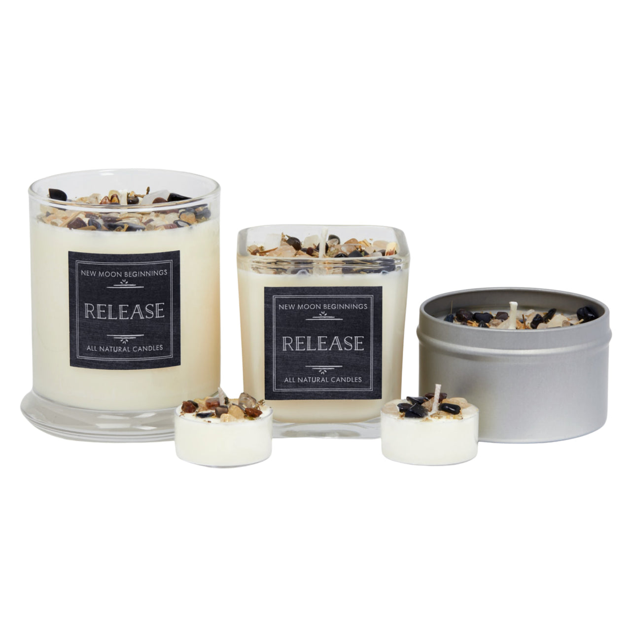 Release Ritual Candles: Set of 4 soy herb crystal scented candles with white wax and natural stones in clear glass and metal containers