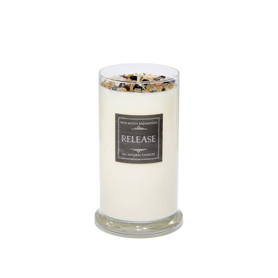 Release ritual soy herb crystal candle by New Moon Beginnings in glass jar