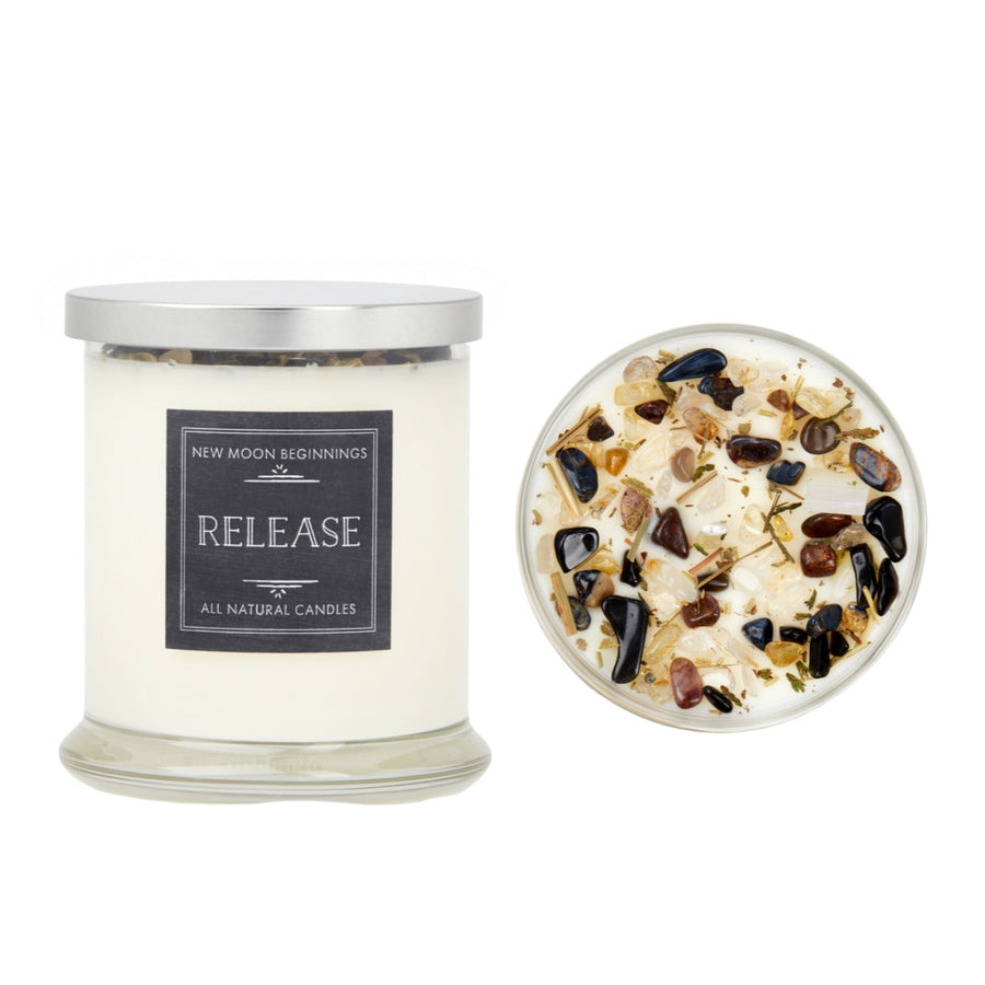 Release Ritual Candle: Soy with Herbs, Black Brown Stones in Glass Jar