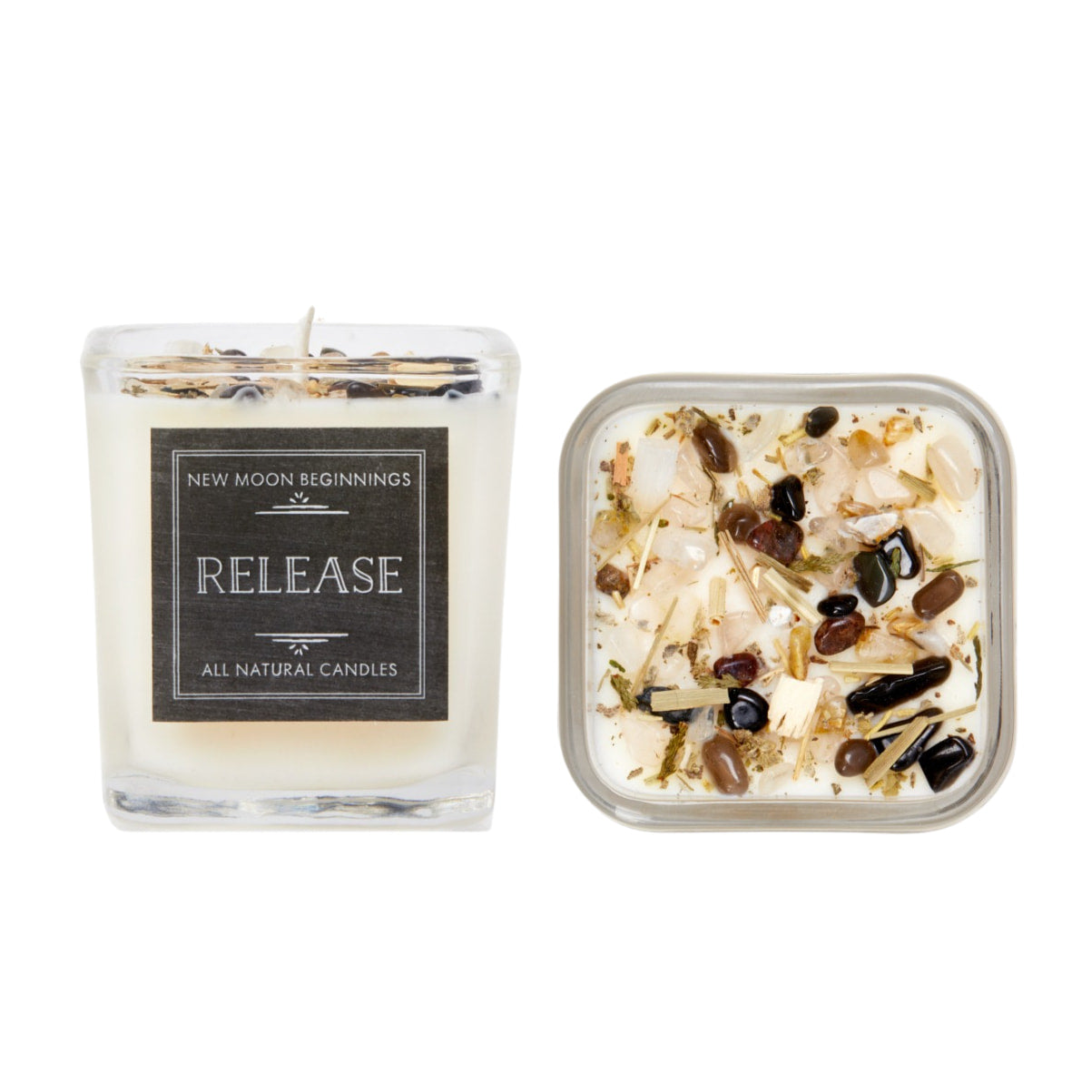 Clear glass Release ritual soy candle with crystals, herbs and white wax