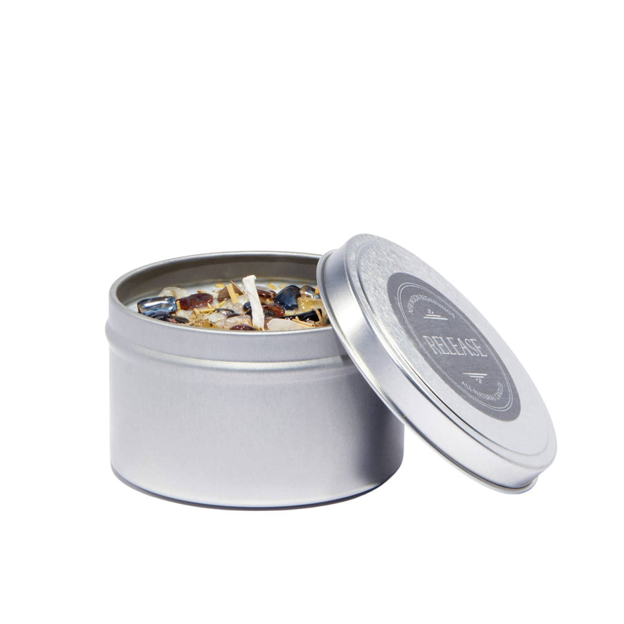 Release Ritual Candle in silver tin with gemstones and white wick