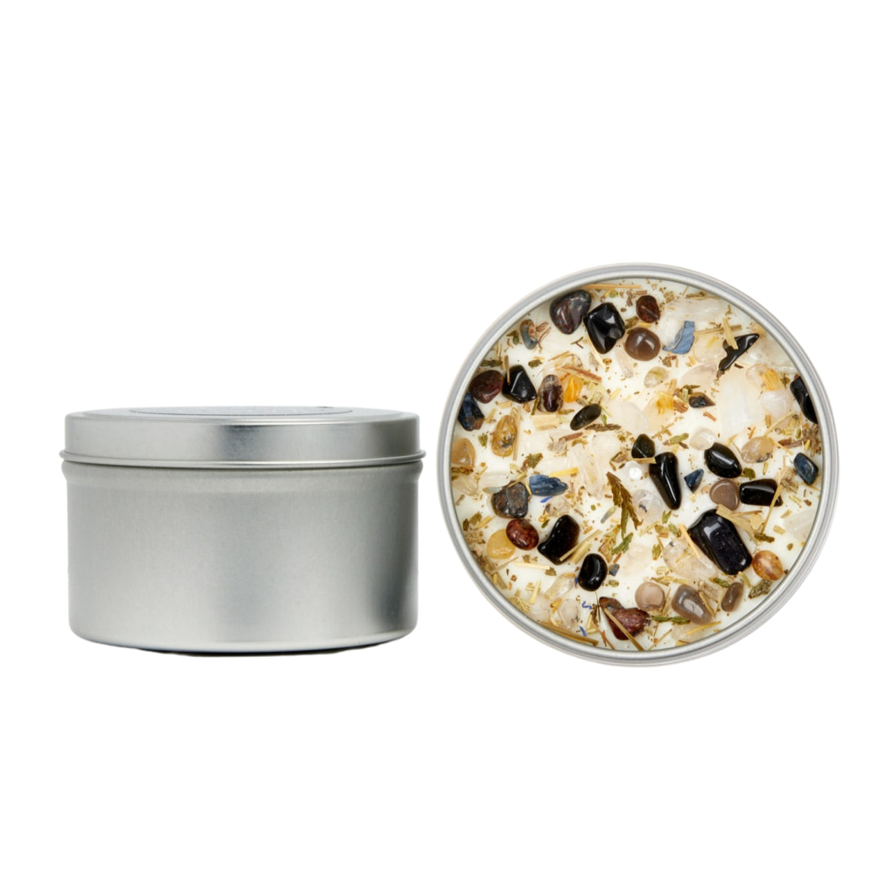 Release Ritual Candle: Soy herb crystal in silver tin with gemstones botanicals