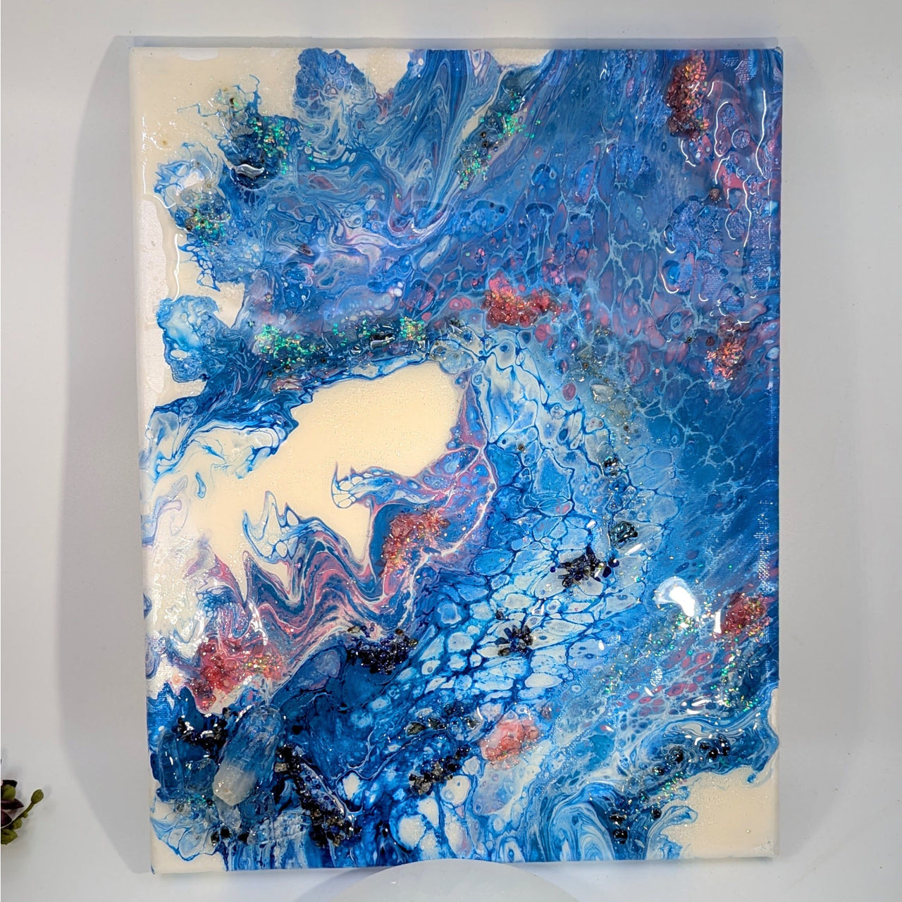 Vibrant abstract resin and crystal 14-inch canvas wall art NBG004 with swirling blues, creams, pink, and glitter accents
