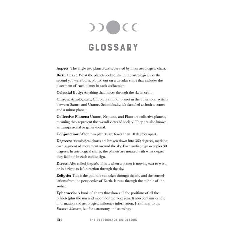 Astrological glossary page from Retrograde Guidebook by Jennifer Billock, product #LV7326