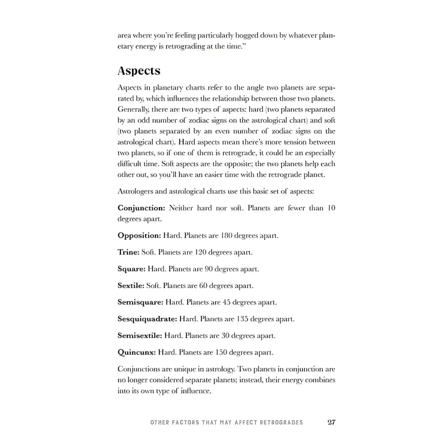 Astrological aspects explanation from Retrograde Guidebook by Jennifer Billock #LV7326
