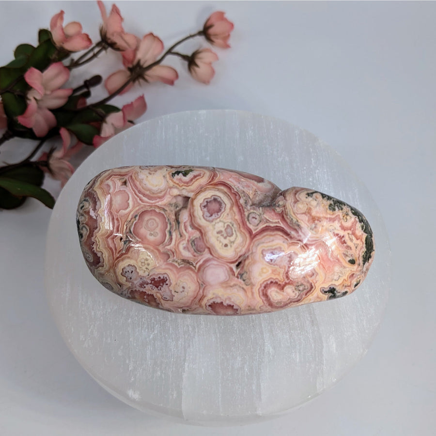 Polished pink and cream patterned Rhodochrosite Pyrite specimen 3.5 inches LV7269