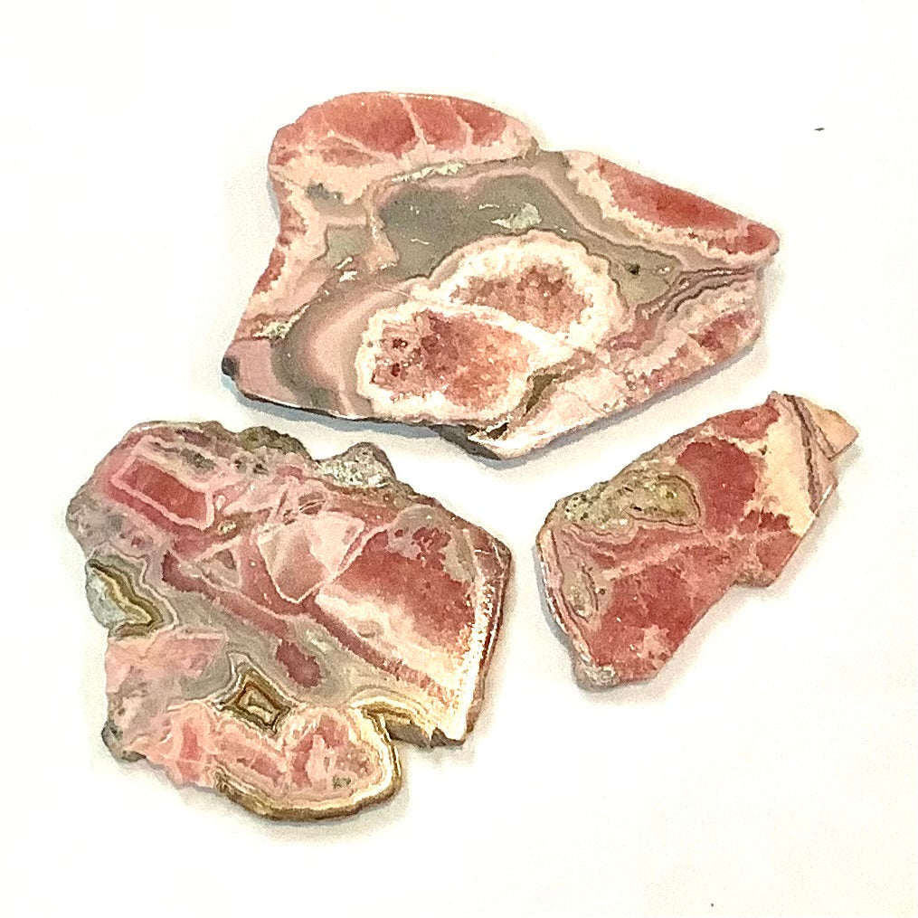 Sliced Rhodochrosite Slab #R190 showcasing banded pink and white mineral patterns