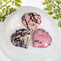 Three 1.6in pink rhodonite heart pendants #BC0844 with silver bail