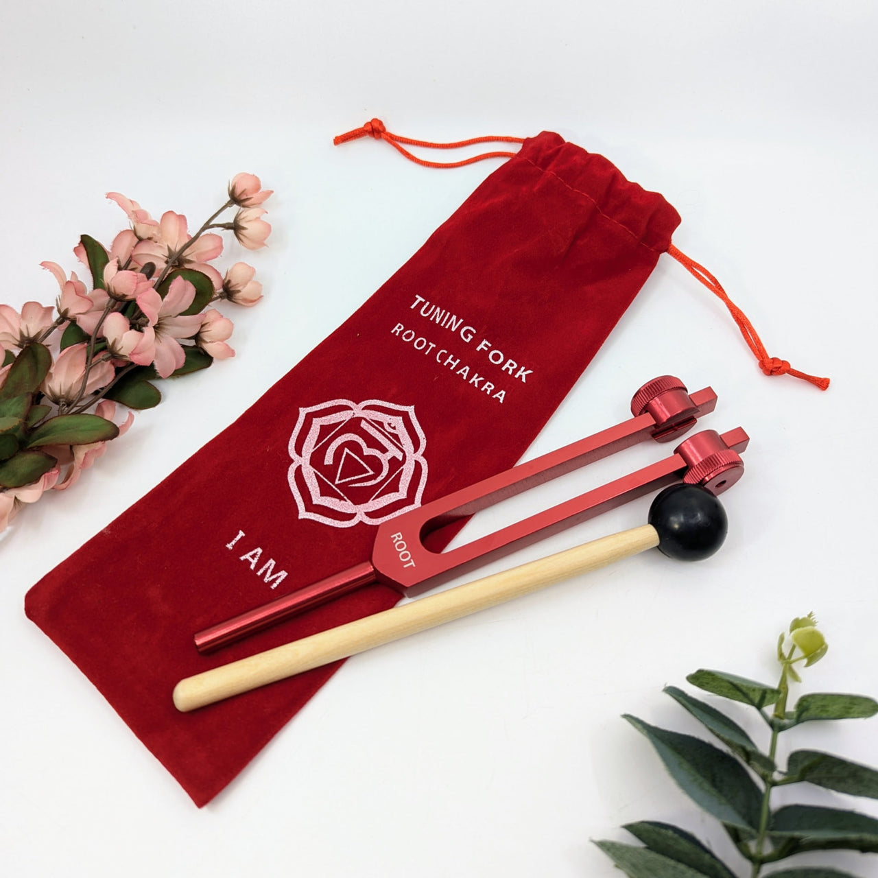 Red tuning fork with mallet and carrying pouch for Root Chakra healing