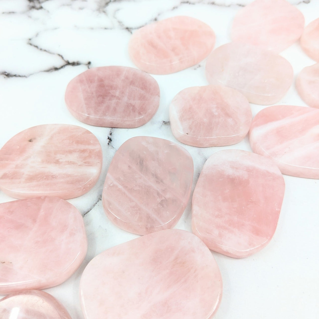 Rose Quartz Palm Stones – 1.9’ Pink Quartz Hearts on Marble Table (#SK9734)