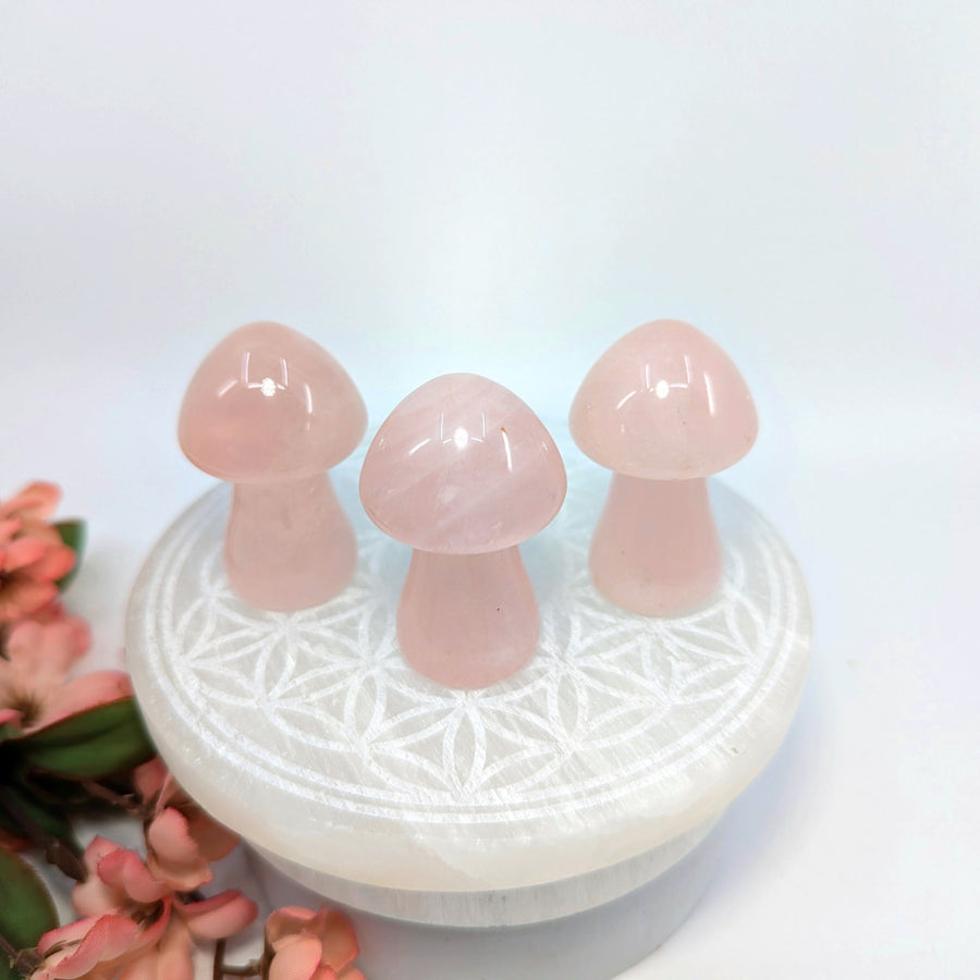 Three pink crystal mushrooms made of rose quartz naturally matching heart’s deepest yearnings from ancient peoples