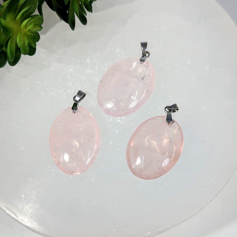 Three 1-inch oval pink rose quartz pendants with silver clasps #BC0291