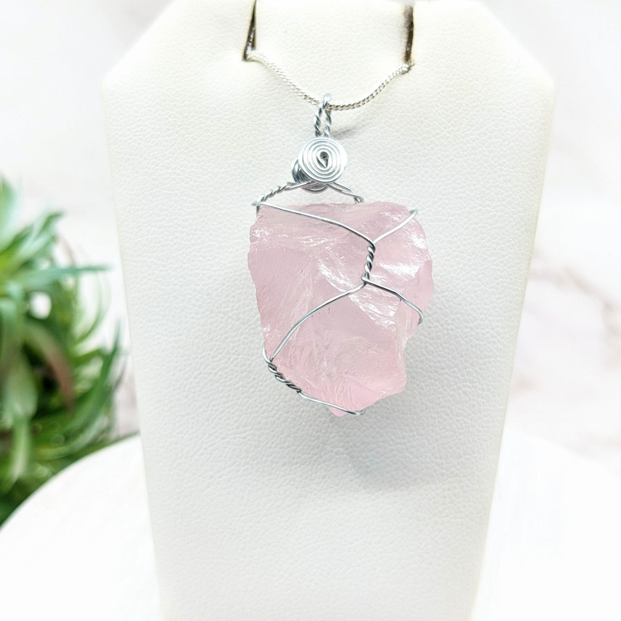 Rose Quartz 1’ Wire Wrapped Pendant #JC05 on white mannequin