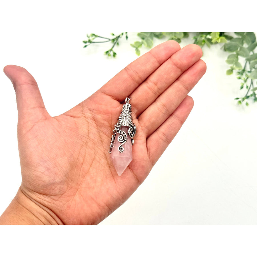Rose Quartz 12-Faceted Pendant Necklace with Antique Silver Detailing #LV9533