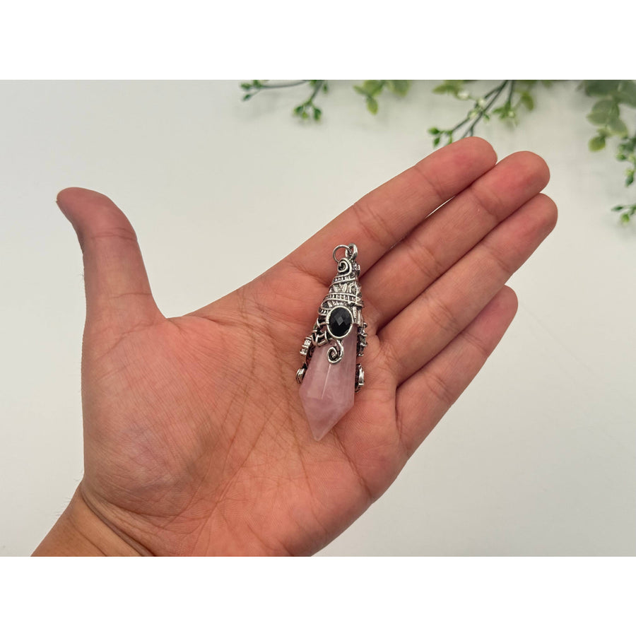 Rose Quartz 12-Faceted Pendulum with Antique Silver Detailing #LV9533
