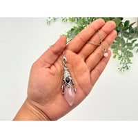 Rose Quartz 12-Faceted Pendant Necklace with Antique Silver Detailing and Black Onyx Charm