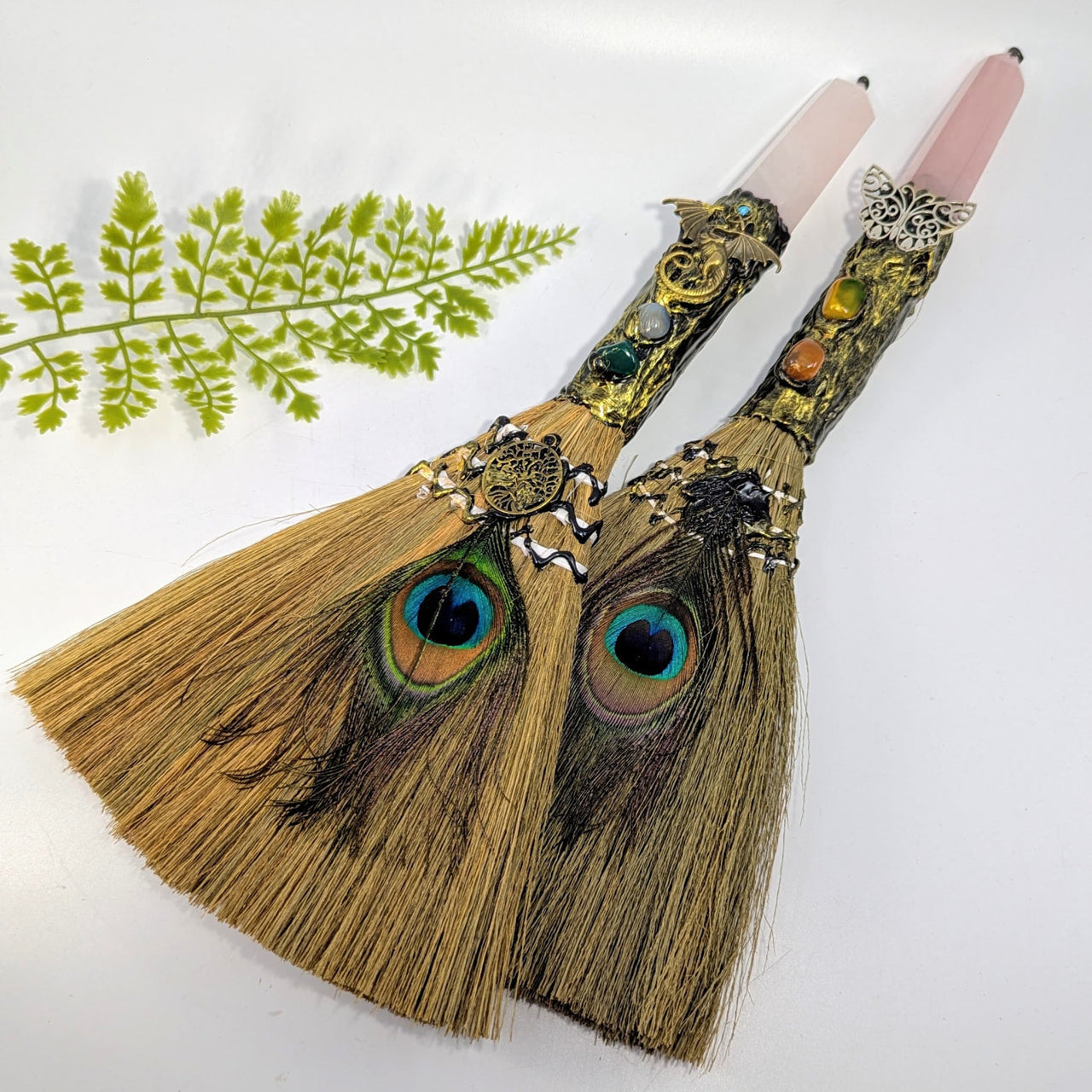 Rose quartz 13.75-14in magic witch broom #BC1264 with peacock feathers