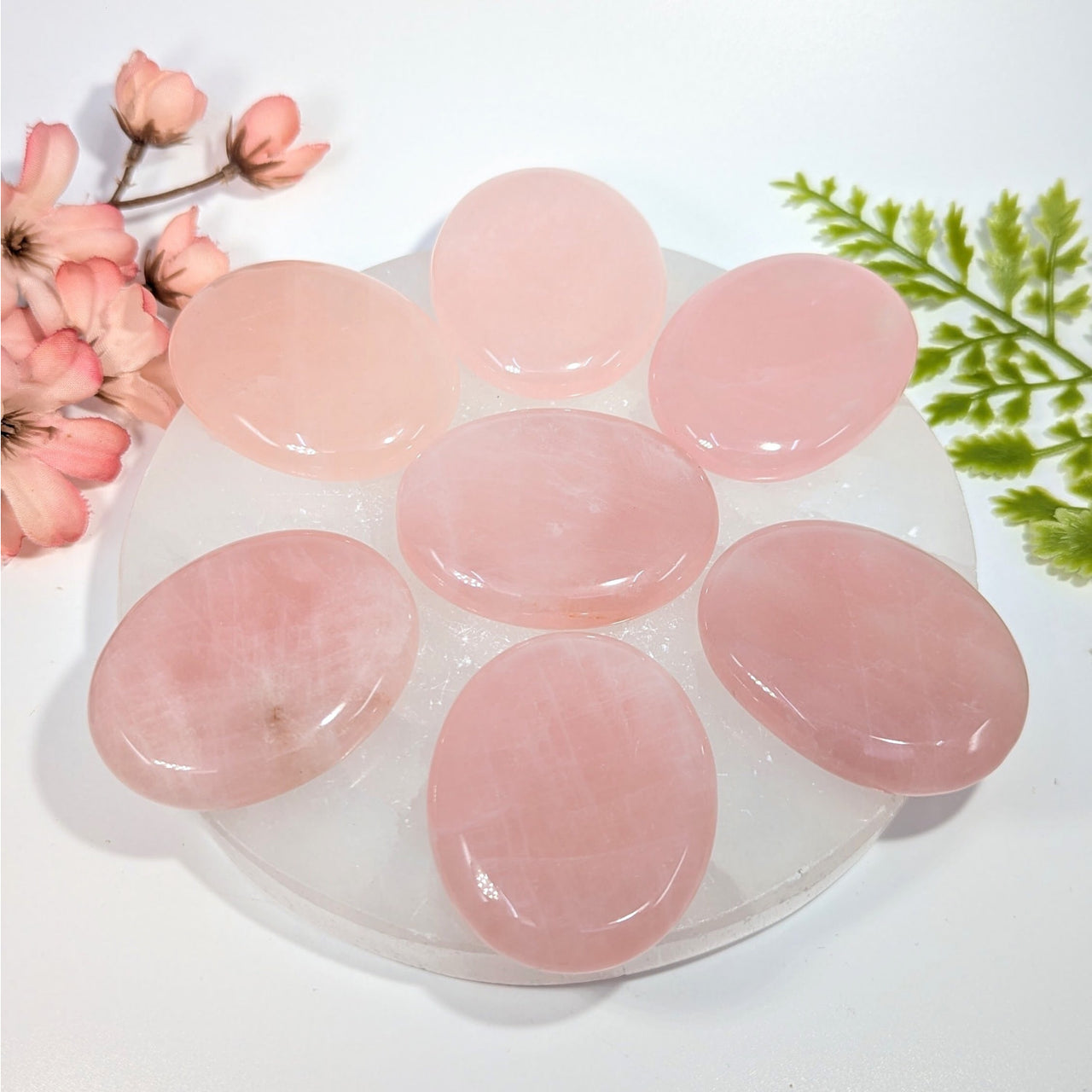Six smooth oval pink rose quartz 2in thumb stones #BC0764 on white plate