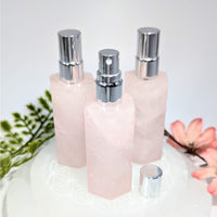 Three translucent pink rose quartz 3.25 inch perfume spray bottles with silver atomizers #BC0820