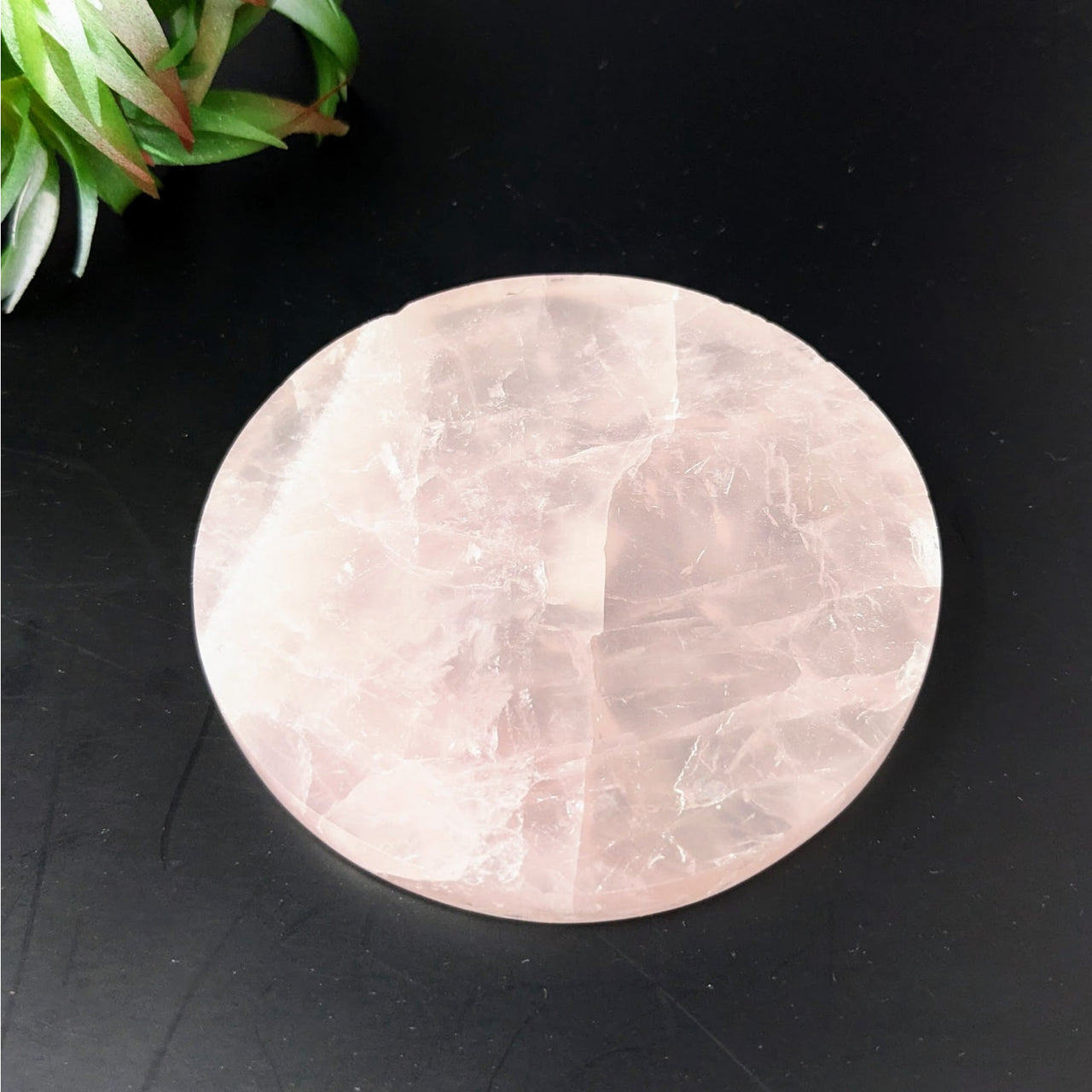 Rose Quartz 3.4’ Coaster Plate #LV4433 - Pink Quartz Stone on Black Surface