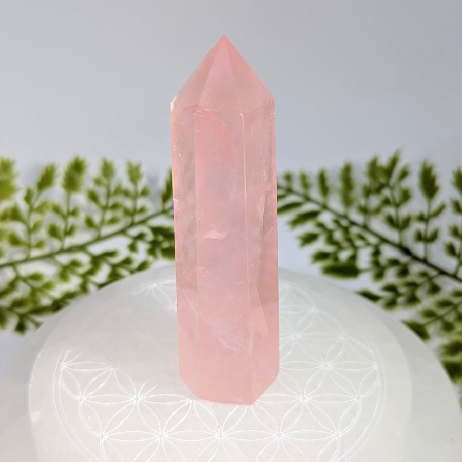 Translucent pink rose quartz 3.5 inch tower point BC1211 faceted design