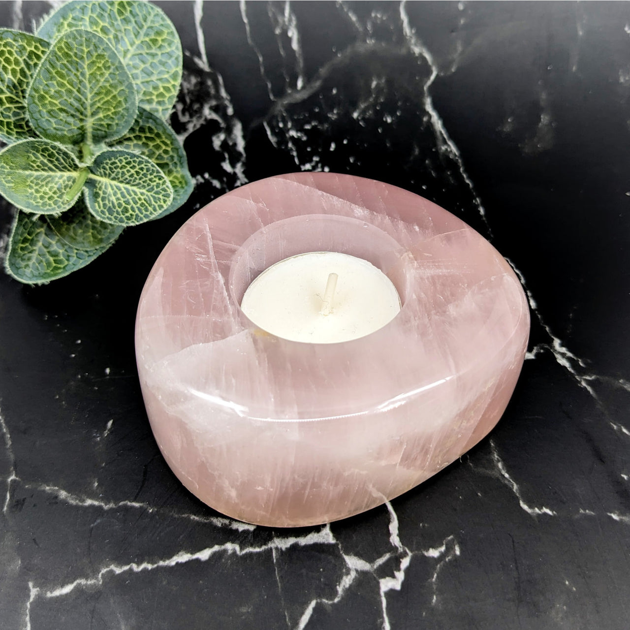 Rose Quartz Tealight Candle Holder with Green Plant - 3.6’ #LV5735