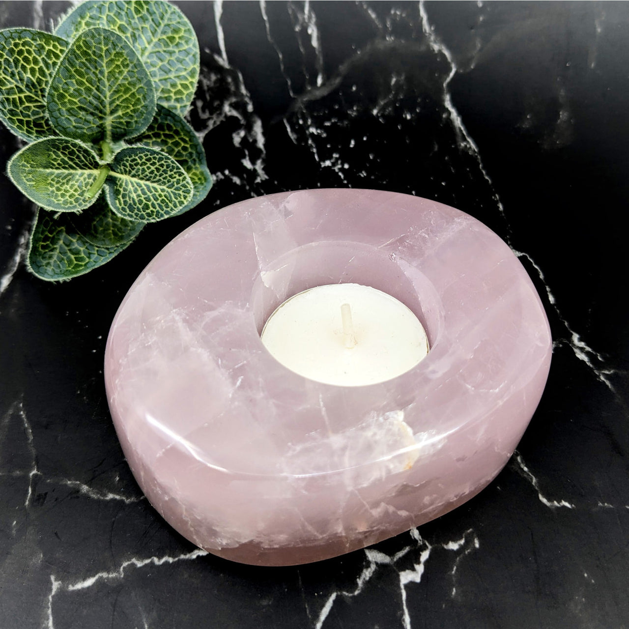 Rose Quartz Tealight Candle Holder on Marble Table - Perfect for Elegant Decor Spaces