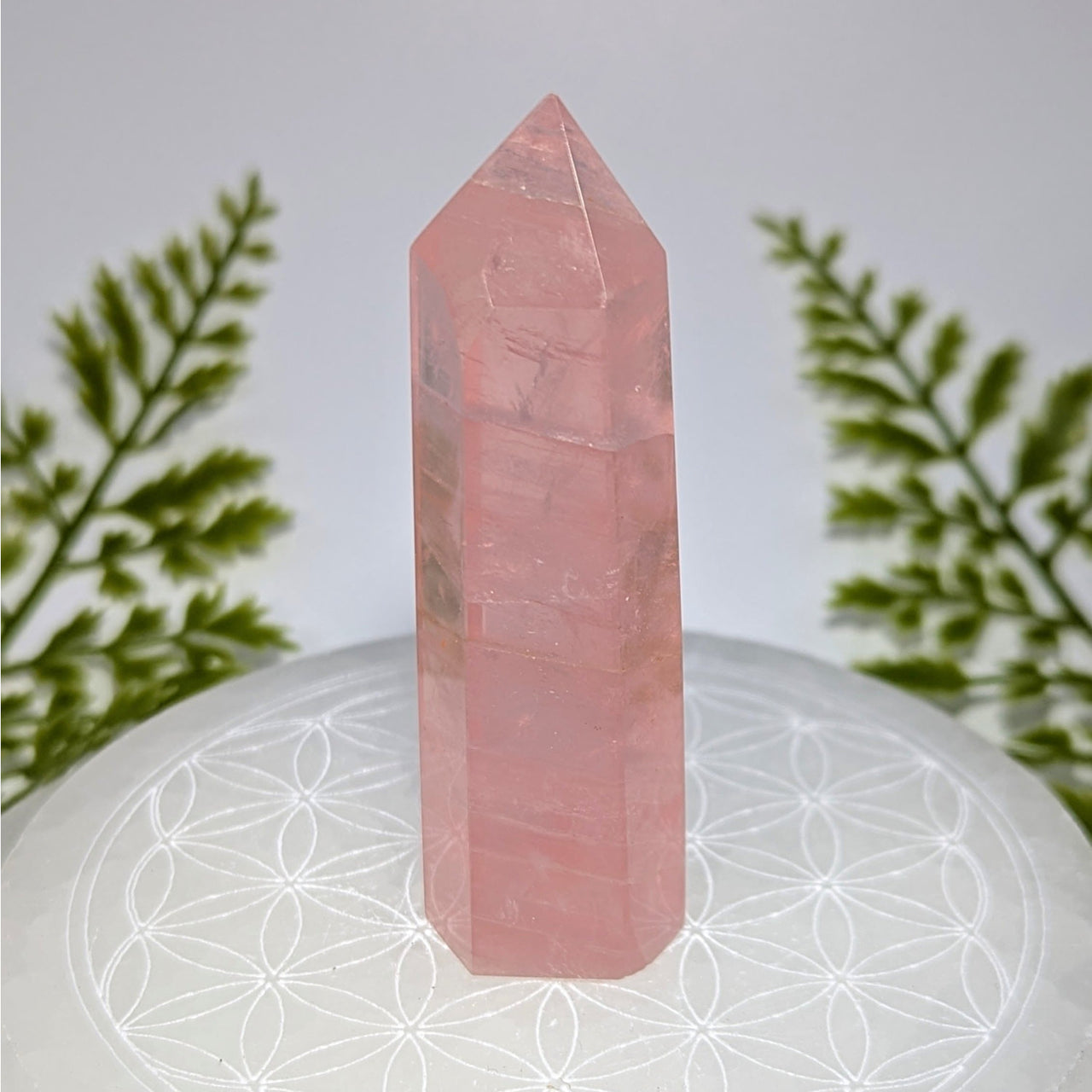 Translucent pink rose quartz 3 inch tower BC0850 faceted design