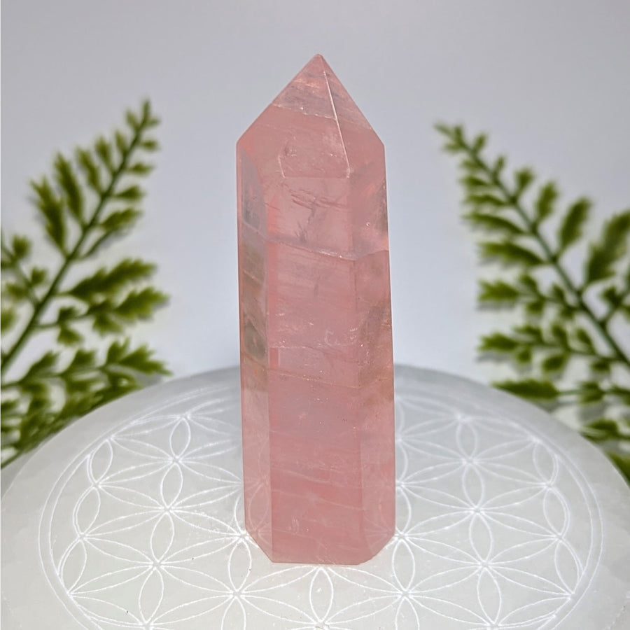 Translucent pink rose quartz 3 inch tower BC0850 faceted design