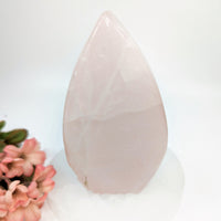 Polished pink teardrop-shaped Rose Quartz crystal specimen 5.4 inches tall