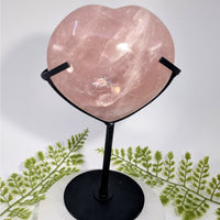 Polished pink rose quartz 7.5-inch heart on black stand #BC0874