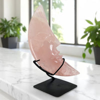 Pink crystal moon on black stand in Rose Quartz 8 inch Crescent Moon set