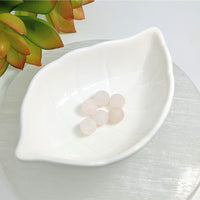 Thumbnail for White leaf-shaped ceramic dish with pale pink Rose Quartz 8mm frosted round beads