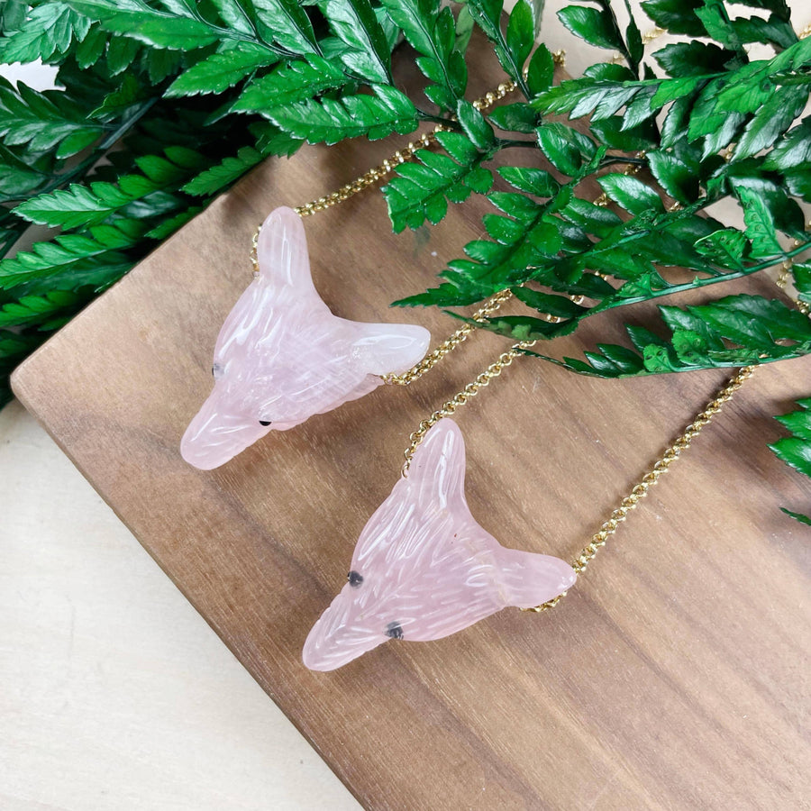 Pink Rose Quartz Dolphin Necklace with Gold-Toned Chain #LV9196