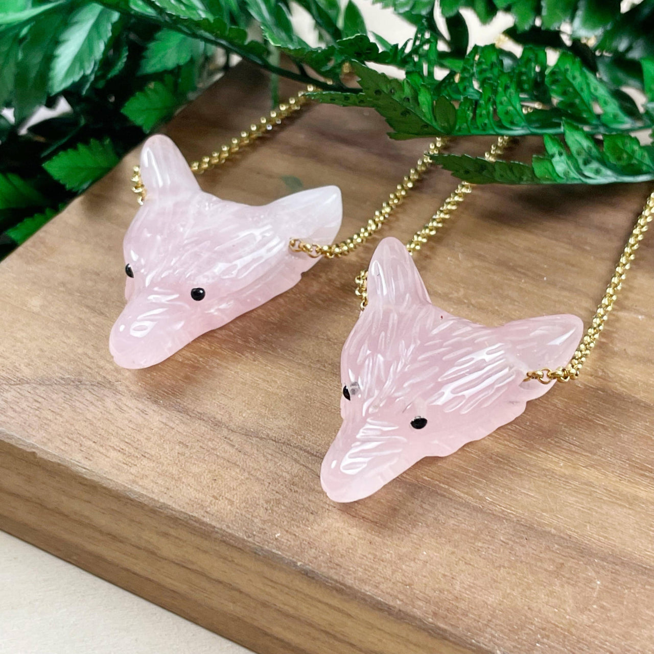 Pink rose quartz carved wolf necklace with gold chain #LV9196