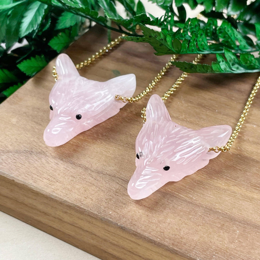 Pink rose quartz carved wolf necklace with gold chain #LV9196