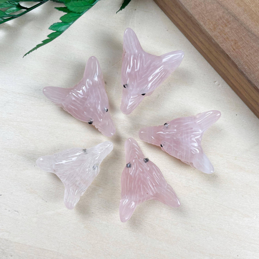 Pink rose quartz carved fox head wolf necklace with black bead eyes