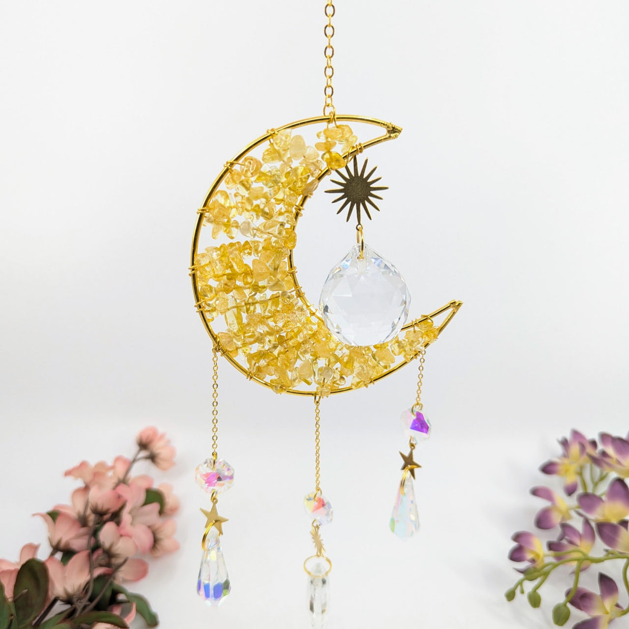 Golden moon crystal suncatcher featuring Rose Quartz or Citrine at 18 inches in length