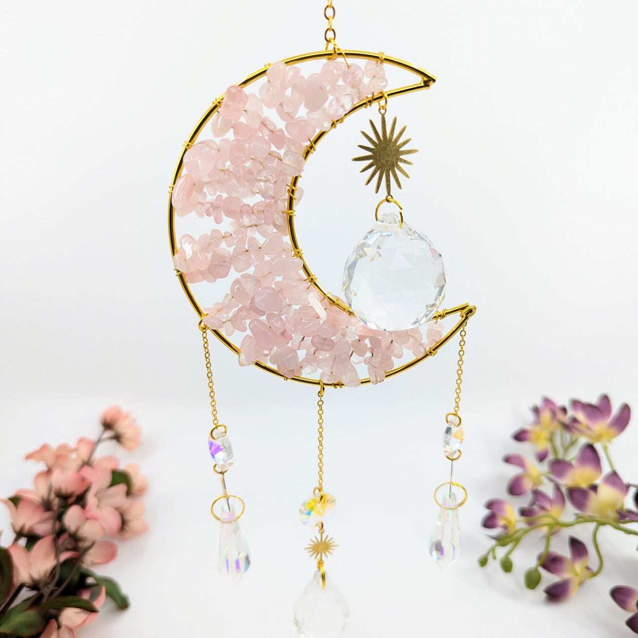 Rose Quartz Moon Wind Chime for Indoor Decor or Spiritual Feng Shui Styling