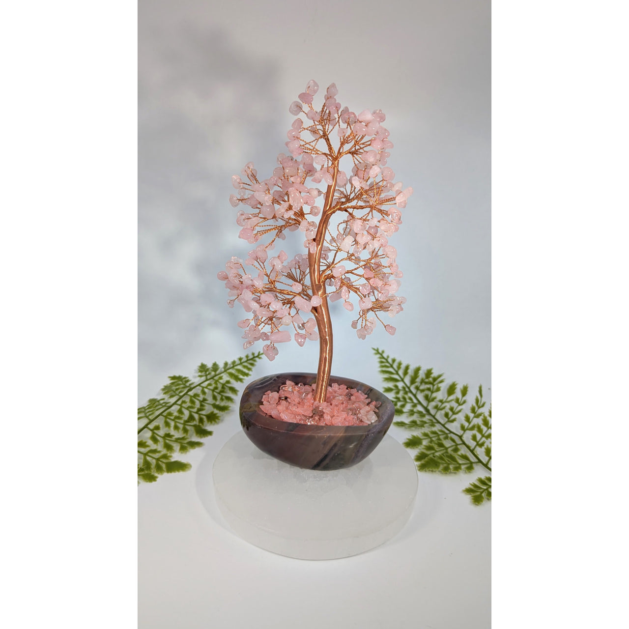 Rose quartz copper 9-inch gem tree in dark stone pot #BC1009