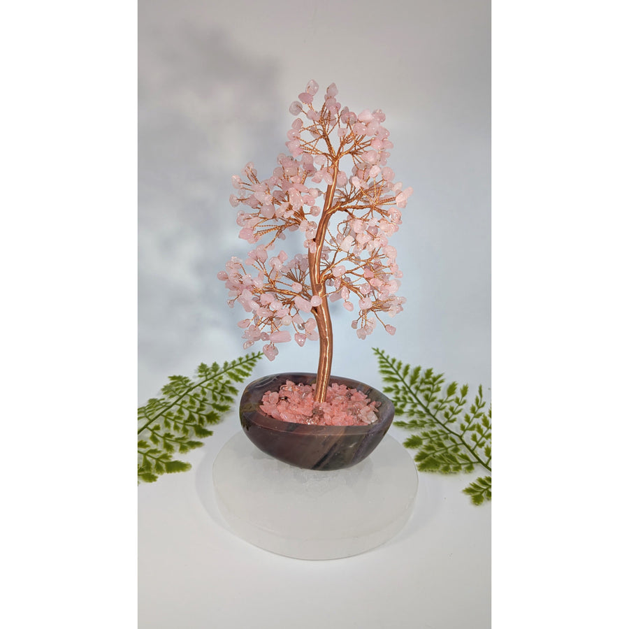 Rose quartz copper 9-inch gem tree in dark stone pot #BC1009