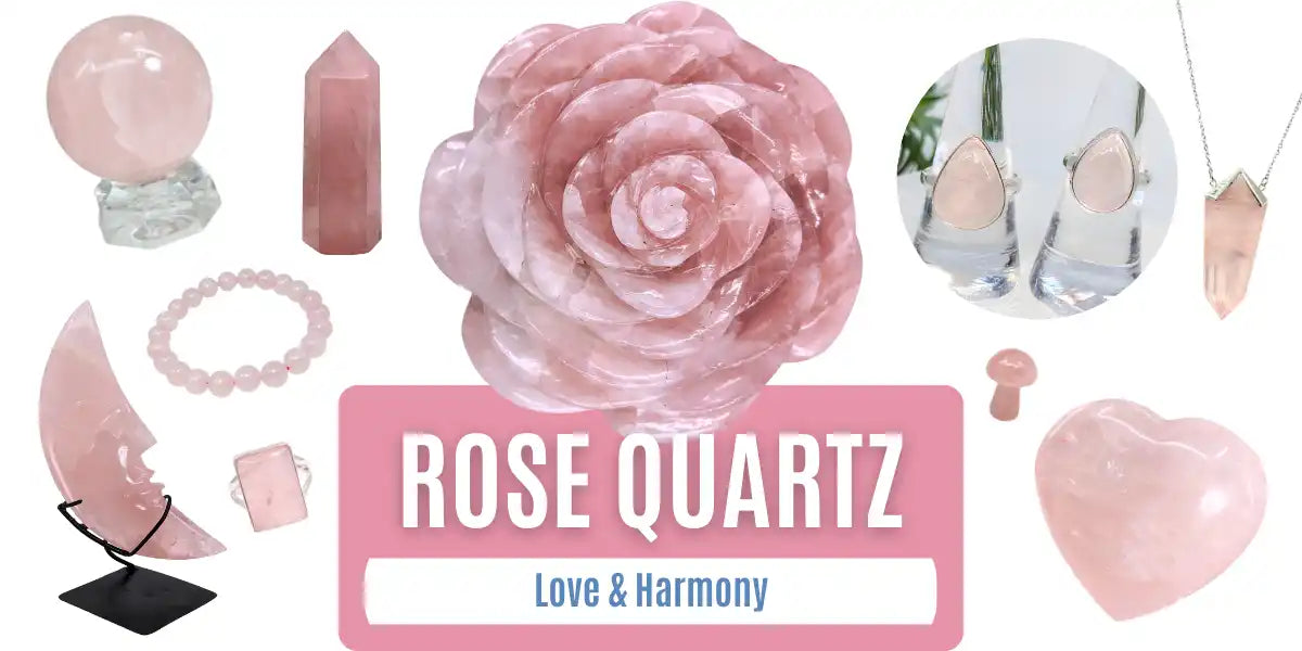 Rose quartz crystal collection.