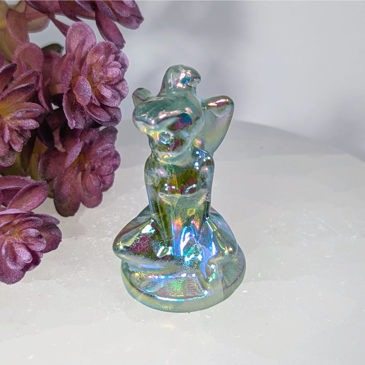 Iridescent Rose Quartz Tinker Bell Carving Figurine, 2 Inch Seated Animal